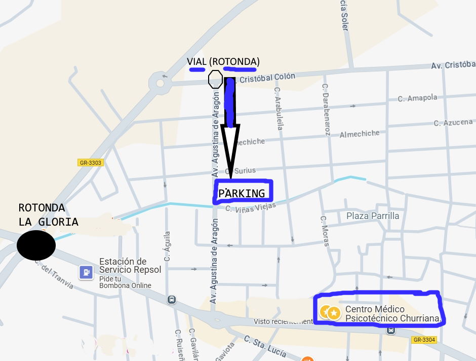 Mapa indicando la zona de parking gratuito y la ruta hasta el Centro Médico Psicotécnico